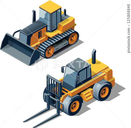 Isometric vector illustration of a bulldozer and forklift - construction vehicles 125808848