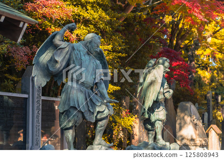 Tengu statue and autumn leaves at Takao-san Yakuo-in Temple Tengu statue and autumn leaves at Takao-san Yakuo-in Temple 125808943