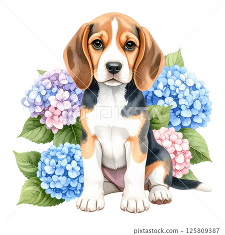 繡球花和小獵犬小狗的插圖1 /傳單和海報材料 125809387
