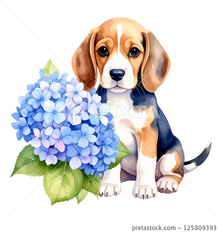 繡球花和小獵犬小狗的插圖7 / 傳單和海報材料 125809393