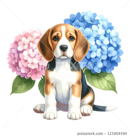 繡球花和小獵犬小狗的插圖8/傳單和海報材料 125809394