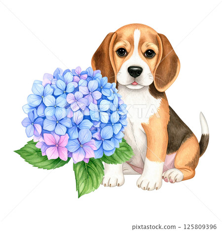 繡球花和小獵犬幼犬的插圖10/傳單和海報材料 125809396