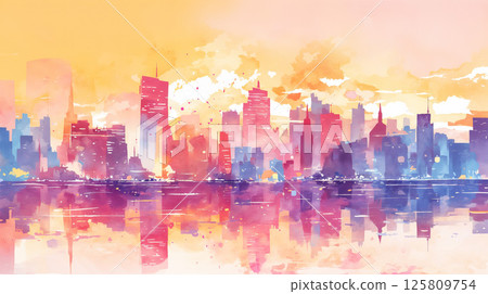 城市風景被夕陽染紅 125809754