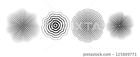 Black concentric rippled circle set. Dotted and dashed round sound wave collection. Epicenter, target, radar, sonar icon concept. Vector ripple halftone radial radio signal or vibration element pack 125809771