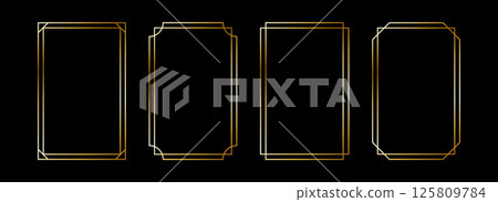 Thin metallic rectangle frame set. Shiny gold foil border collection. Golden glowing geometric boarder bundle in art deco style. Rectangular element pack for photo, cadre, card, emblem, label. Vector 125809784