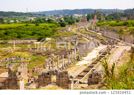Streets of the ancient city of Perge with marble columns 125810451