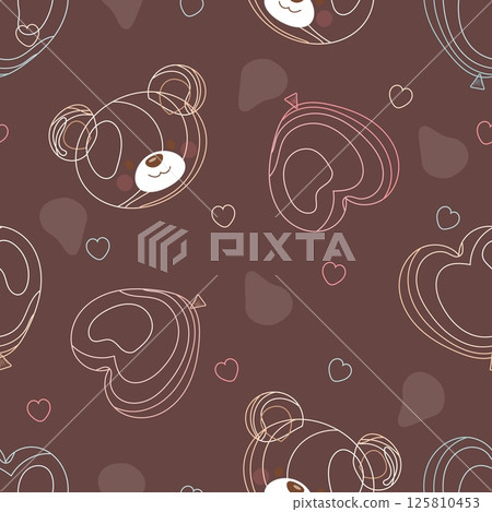 Seamless teddy bear and heart balloon pattern with colored stroke on chocolate background 125810453
