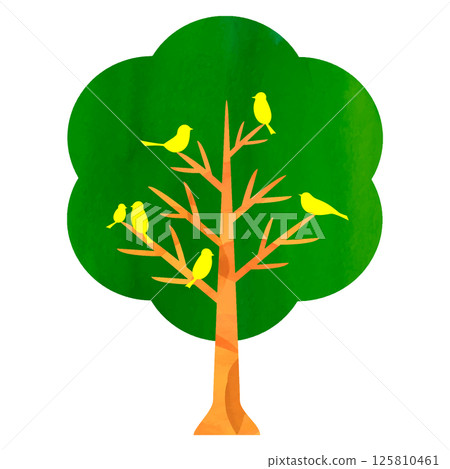 一棵可愛的樹和小鳥的水彩插圖 125810461