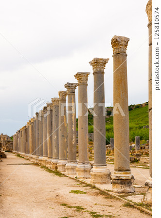 Ruins of colonnaded streets of ancient city Perge 125810574