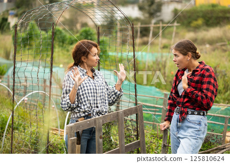 Two women quarrel at border of garden plots 125810624