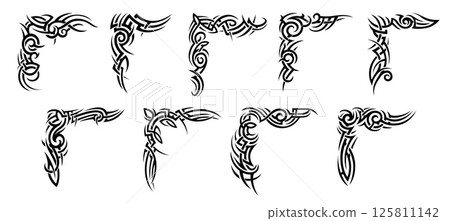 Tribal Celtic and Maori tattoo pattern. Vector set of black corners, decorative angle borders in ancient folk style with curves or swirls. Traditional Gaelic monochrome ornaments, or embellishments Tribal Celtic and Maori tattoo pattern. Vector set of black corners, decorative angle borders in ancient folk style with curves or swirls. Traditional Gaelic monochrome ornaments, or embellishments 125811142