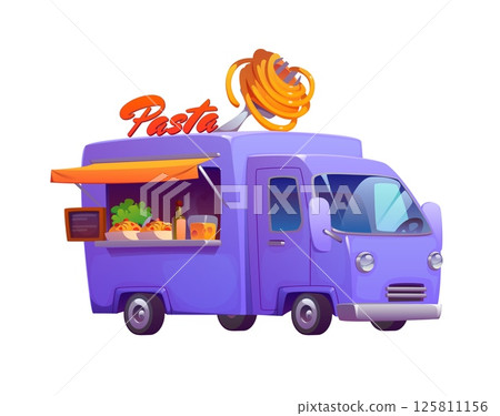 Cartoon pasta food truck car, vintage festival street foodtruck. Italian cuisine van serving freshly made pasta, featuring a giant fork with spaghetti on top. Vector retro mobile, authentic eatery 125811156