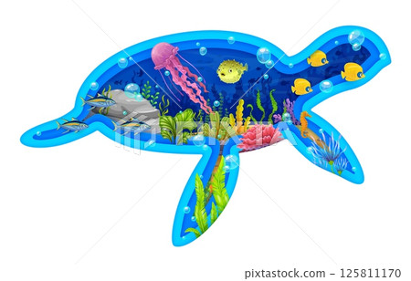 Paper cut turtle silhouette with underwater landscape, save the ocean vector banner. Cartoon sea fish shoals, seahorse and jellyfish at ocean bottom with seaweeds and bubbles, save ocean nature themes 125811170