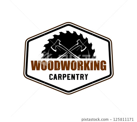 Woodworking and carpentry handyman company icon. Carpentry service or tools store vector emblem, woodworking handyman sign. Furniture repair company symbol or icon with circular saw and crossed axes 125811171