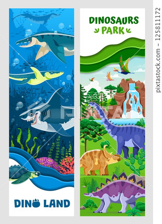 Dino park paper cut banners with funny dinosaurs characters. Dino land vector flyers with cartoon prehistoric dinosaur animals, underwater reptiles and extinct birds at ancient sea and jungle forest Dino park paper cut banners with funny dinosaurs characters. Dino land vector flyers with cartoon prehistoric dinosaur animals, underwater reptiles and extinct birds at ancient sea and jungle forest 125811172