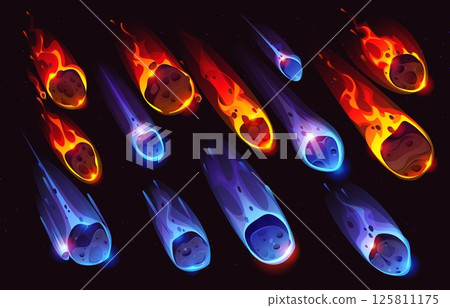 Cartoon comets meteors and ice asteroids. Galaxy space objects with flame trails. Vector falling fiery and glowing meteorites in vibrant red and blue plasma traces. Scifi astronomy or cosmic fireballs 125811175