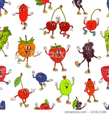 Groovy berry characters seamless pattern of funny fruits, vector background. Groovy cartoon berry pattern of funky strawberry with happy smile, freaky raspberry or crazy grape and psychedelic cherry 125811180