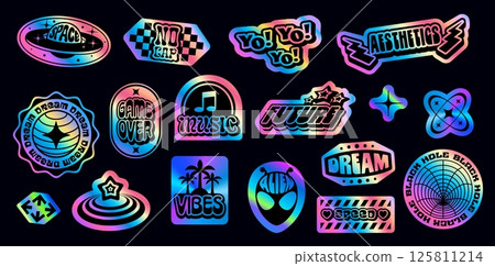 Holographic y2k groovy patch stickers, iridescent hologram retro funky labels. Rainbow gradient iridescent hologram stickers, holographic badges and tags with vector trendy y2k groovy symbols 125811214