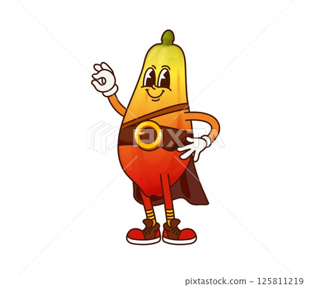 Pirate captain papaya raw fruit groovy funny character. Pirate bandit sweet natural fruit vintage cartoon happy character, corsair sailor raw tropical fruit 60s 70s groovy vector cheerful mascot 125811219