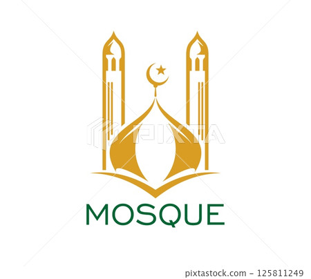 Ramadan Muslim mosque icon. Vector gold and white emblem featuring two minarets, a central dome with a crescent moon and star, symbolizing Islamic architecture, religion, culture and spirituality 125811249