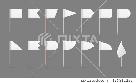 Toothpick flags mockup, white banners of geometric shapes on wooden pointed sticks. Realistic 3d vector set oval, triangular, rectangular double and triple edge pennants for food snacks or cocktails Toothpick flags mockup, white banners of geometric shapes on wooden pointed sticks. Realistic 3d vector set oval, triangular, rectangular double and triple edge pennants for food snacks or cocktails 125811253