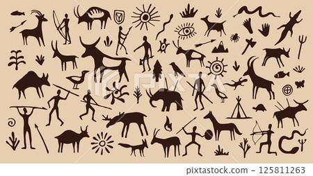 Cave painting, ancient prehistoric drawings of animals and tribal people vector silhouettes. Ancient cave stone wall primitive paintings of cavemen hunters, deer, birds, reptiles and fish, sun, plants 125811263