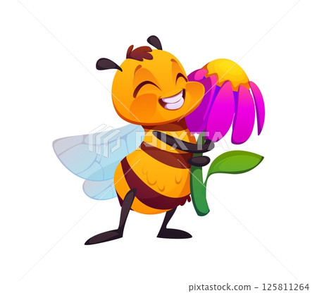 Honey bee hugging flower happy cartoon character. Honey bee insect isolated vector funny character, honeybee cheerful character. Garden bee bug happy personage or spring bumblebee baby cute mascot Honey bee hugging flower happy cartoon character. Honey bee insect isolated vector funny character, honeybee cheerful character. Garden bee bug happy personage or spring bumblebee baby cute mascot 125811264