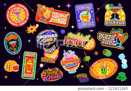 Cocktail y2k groovy stickers, drinks funky patch labels with vector glasses, ice and mint. Alcohol drinks and fruit juice beverages retro groovy y2k stickers set for cocktail party or bar menu card Cocktail y2k groovy stickers, drinks funky patch labels with vector glasses, ice and mint. Alcohol drinks and fruit juice beverages retro groovy y2k stickers set for cocktail party or bar menu card 125811265