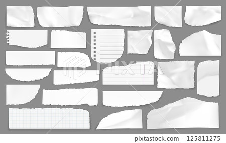 White torn paper rip pieces. Realistic 3d vector ripped blank scraps and scrapbook notes with lines and checkers. Perforated ragged textured memo sheets with spiral holes. Isolated notebook shreds set 125811275