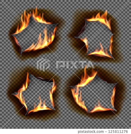Realistic fire burn holes and edges. 3d Vector scorched paper effect with glowing fire, hot smoke and dark charred border in dynamic burning shapes. Burnt holes with flaming edges on transparent bg 125811276