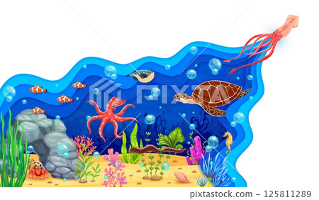 Cartoon paper cut underwater landscape with sea animals and fish on coral reef bottom vector background. Octopus sea turtle, squid and seahorse characters with seaweed and bubbles underwater landscape Cartoon paper cut underwater landscape with sea animals and fish on coral reef bottom vector background. Octopus sea turtle, squid and seahorse characters with seaweed and bubbles underwater landscape 125811289