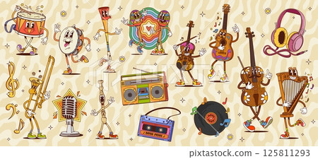 Cartoon groovy musical characters. Psychedelic music instrument vector personages, vinyl record, microphone, radio, cassette and headphones. Hippie guitar, violin, drum, flute, trumpet, harp and cello 125811293