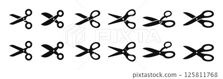Scissors icon design, Simple scissor silhouettes in different styles, clippers icon set 125811768
