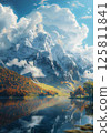 The sun shines on the snow-capped mountains and the lake in the valley 125811841