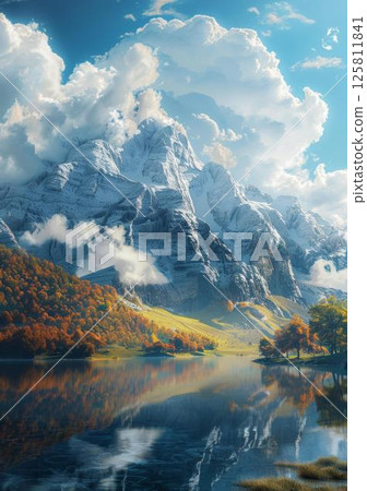 The sun shines on the snow-capped mountains and the lake in the valley 125811841