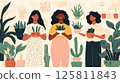 Three Friends Holding Potted Plants In Home Decor Illustration 125811843