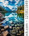 The crystal clear water of a mountain lake reflects the sky above 125811849