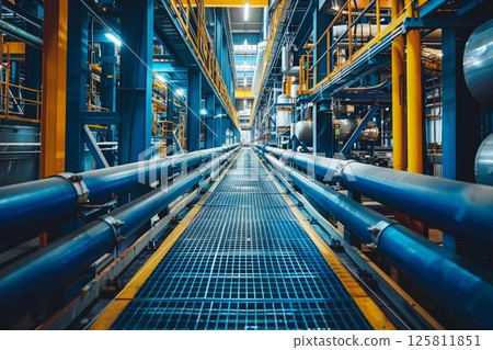 Blue and yellow industrial pipes and walkway 125811851
