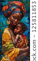 An African mother and child with colorful head wrap 125811853