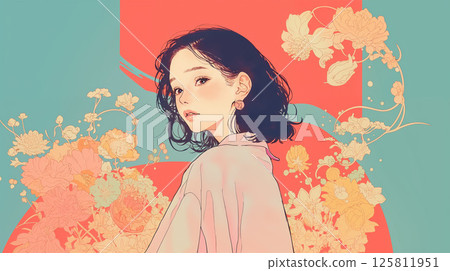 Floral background and a woman looking back 125811951
