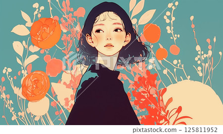 花卉背景和回頭的女人 花卉背景和回頭的女人 125811952