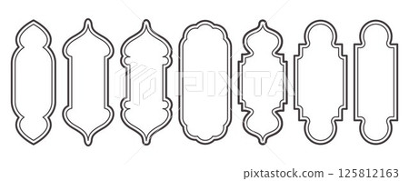 Ramadan frame shapes. Window Arabic arc outline elements. Door design with Turkish ornament. Muslim oriental sticker template. Traditional decoration set for banner and badge. Ramadan frame shapes. Window Arabic arc outline elements. Door design with Turkish ornament. Muslim oriental sticker template. Traditional decoration set for banner and badge. 125812163