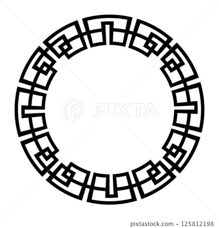 Round frame with greek key meanders. Circular Geometric frame in the form of circular pattern. Celtic round frame. Vector monochrome element for design. Oriental round frame. Template for laser 125812198