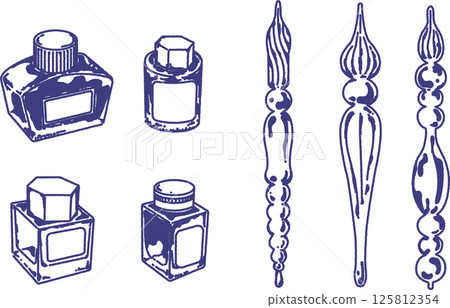 Glass pen and bottle ink line drawing illustration set 125812354