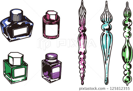 Glass pen and bottle ink illustration set 125812355