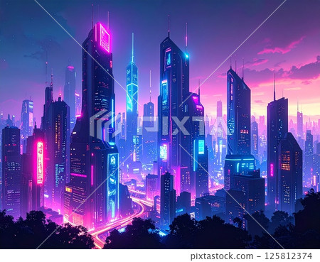 黃昏時分的未來主義霓虹城市景觀 黃昏時分的未來主義霓虹城市景觀 125812374