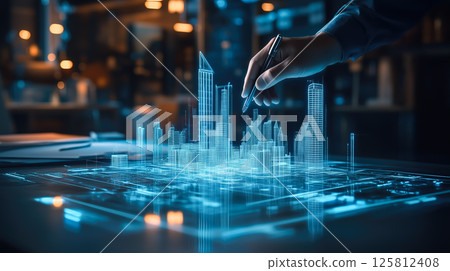 An architect brings architectural designs to life with 3D holographic construction models. The concept of innovation in architecture and futuristic design. Generative Ai. 125812408