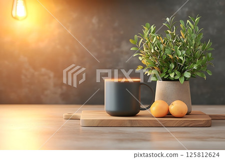 yellow flower in white vase on wooden table 125812624