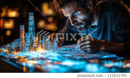 An architect brings architectural designs to life with 3D holographic construction models. The concept of innovation in architecture and futuristic design. Generative Ai. 125812765