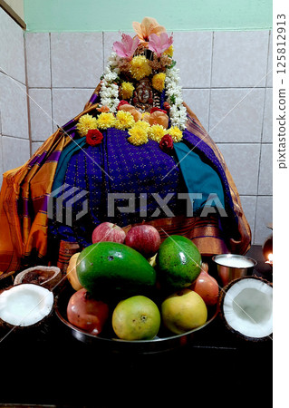 Decorated Lakshmi Puja with Offerings 125812913